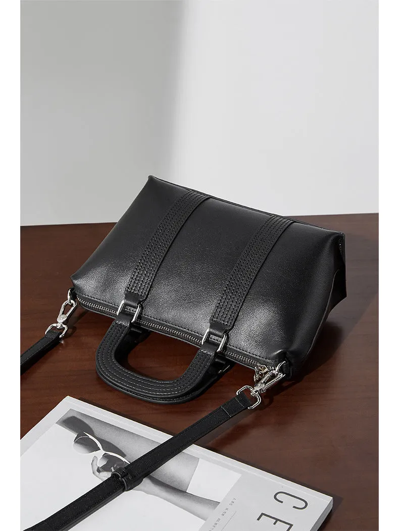 23CM spliced vegetable tanned leather hand pillow crossbody bag 2921 black