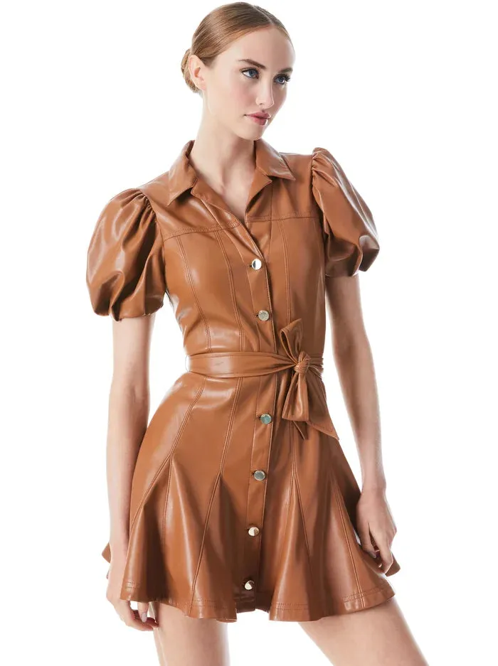 Alice & Olivia OFRA VEGAN LEATHER MINI DRESS WITH TIE BELT