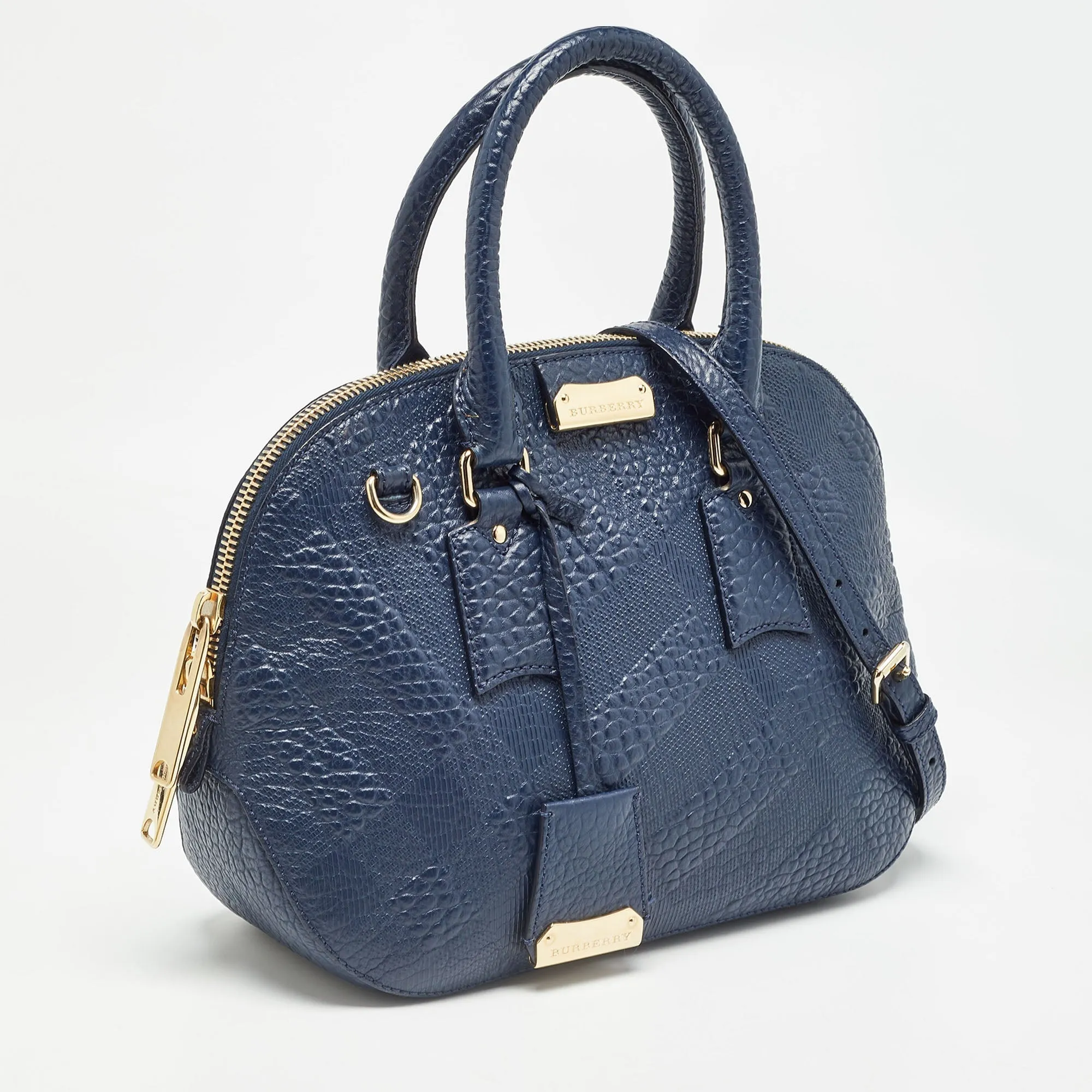 BURBERRY Navy Blue Grain Leather Orchard Satchel