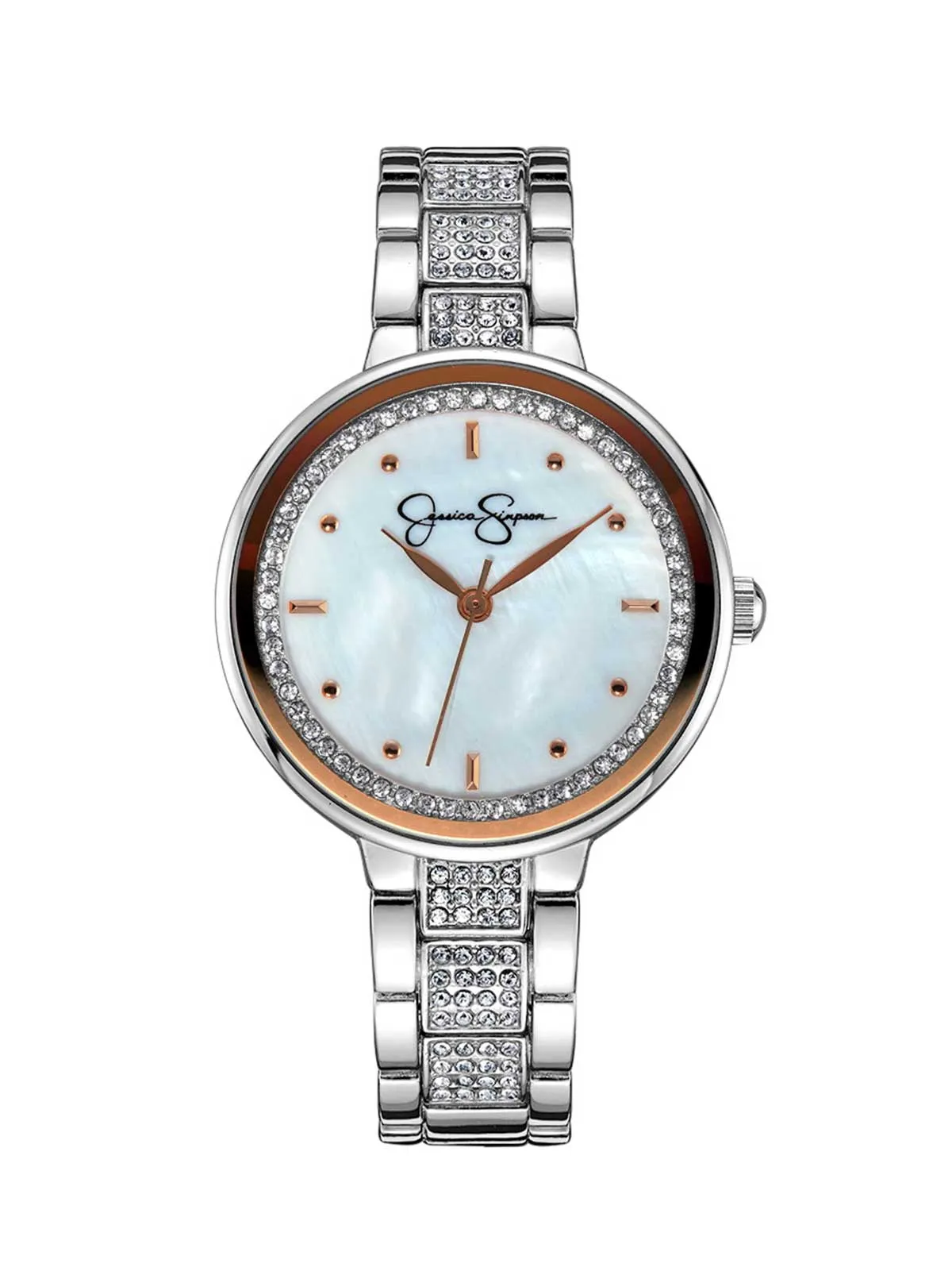 Crystal & Genuine Mother Of Pearl Dial Watch in Silver Tone