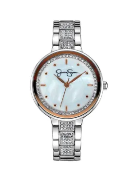 Crystal & Genuine Mother Of Pearl Dial Watch in Silver Tone