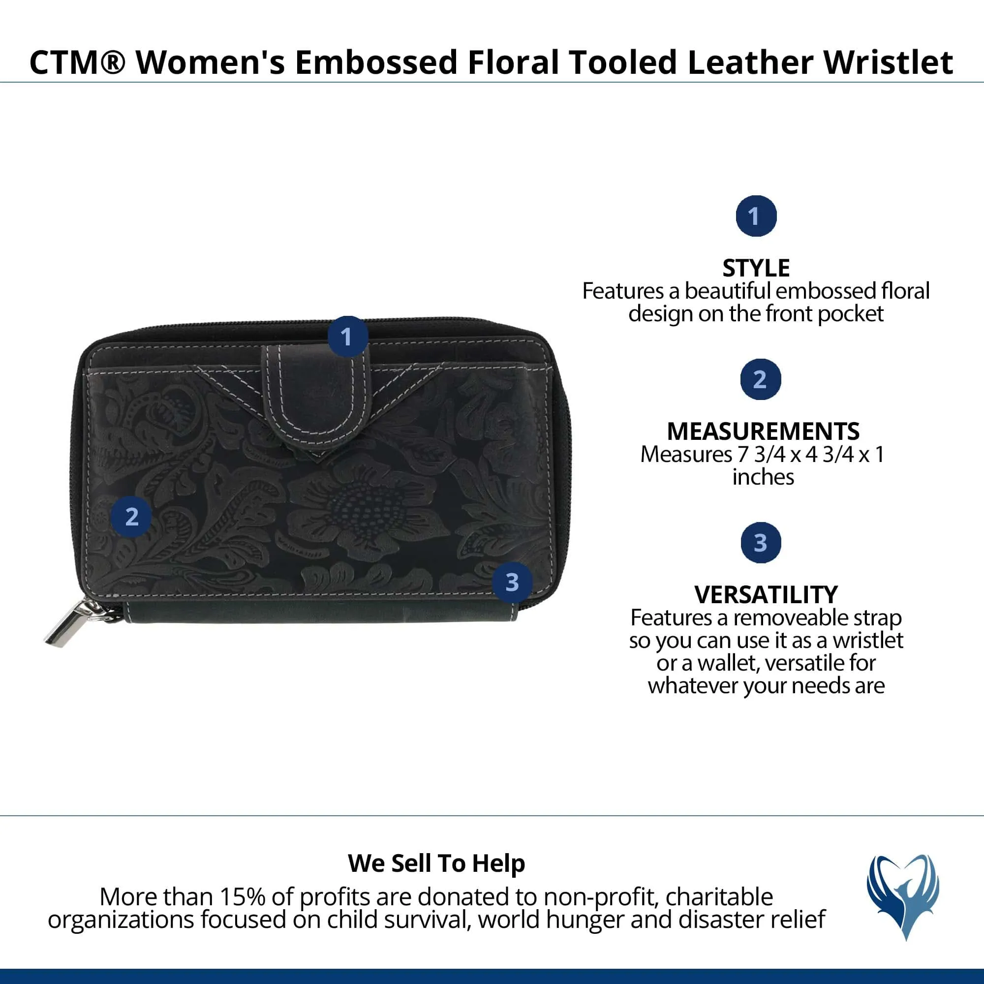 CTM® Women's Embossed Floral Tooled Leather Wristlet