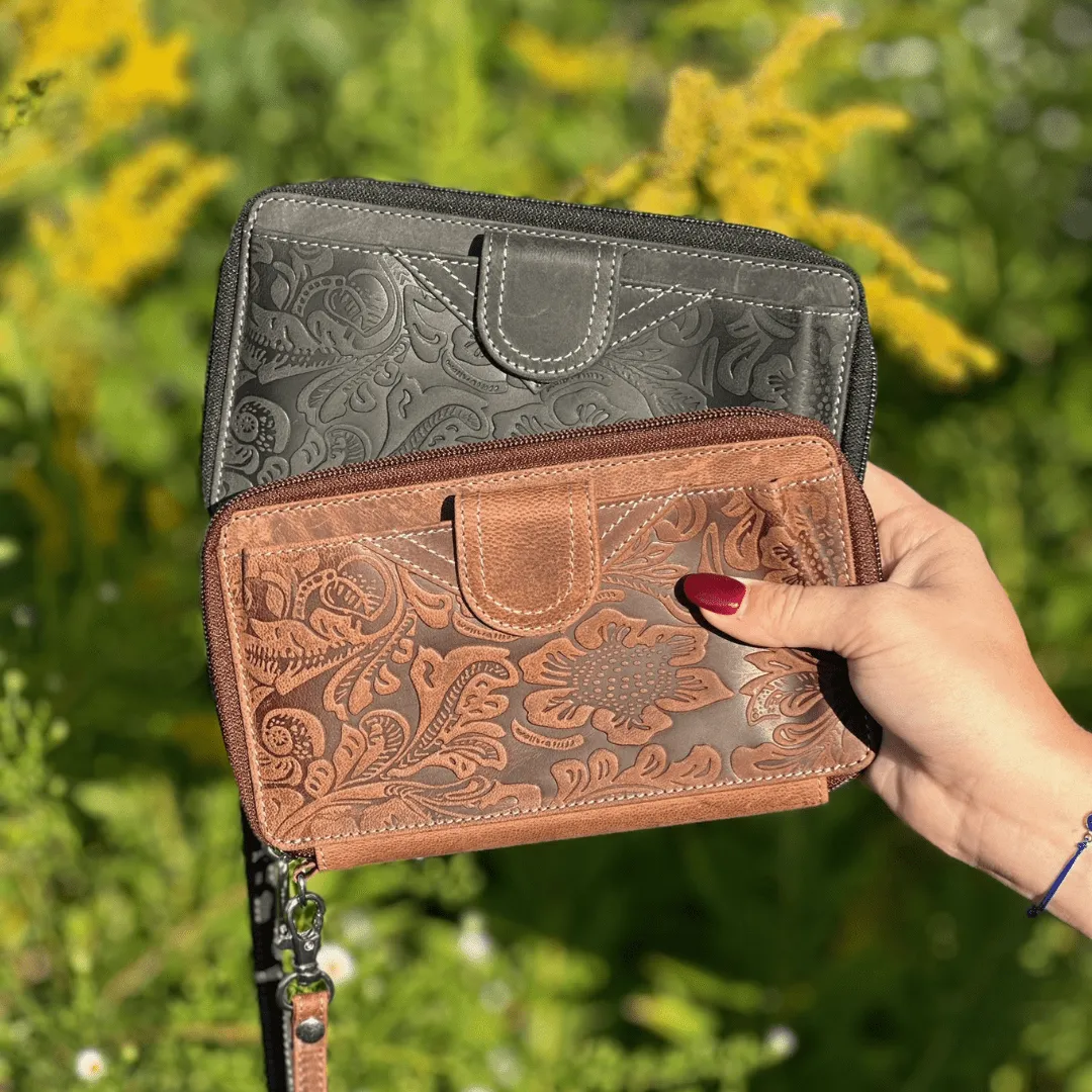 CTM® Women's Embossed Floral Tooled Leather Wristlet
