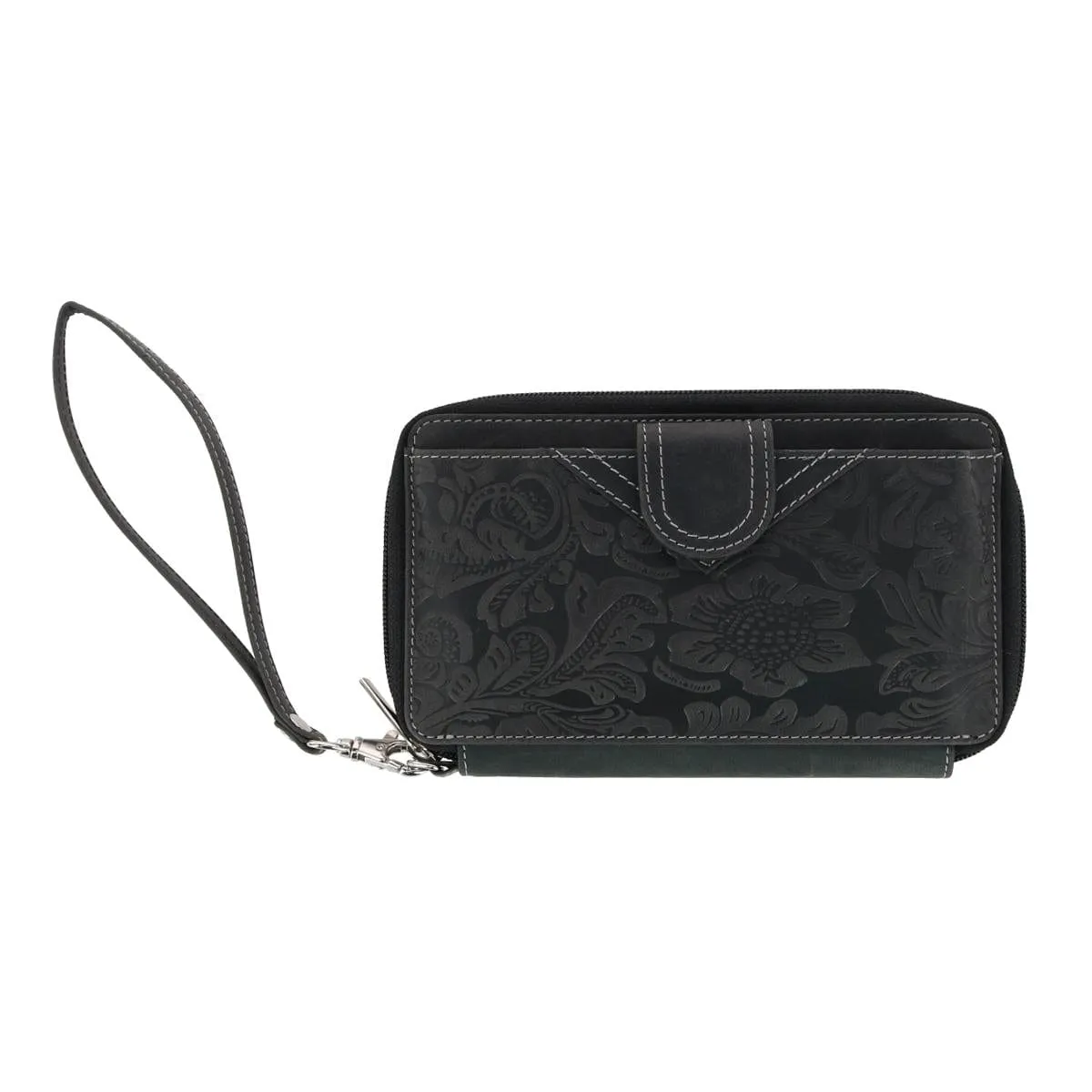 CTM® Women's Embossed Floral Tooled Leather Wristlet