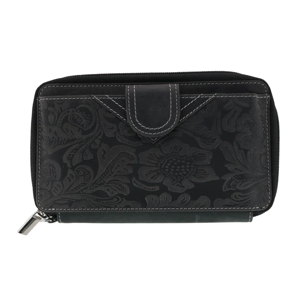 CTM® Women's Embossed Floral Tooled Leather Wristlet