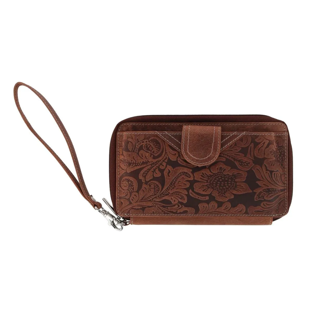 CTM® Women's Embossed Floral Tooled Leather Wristlet