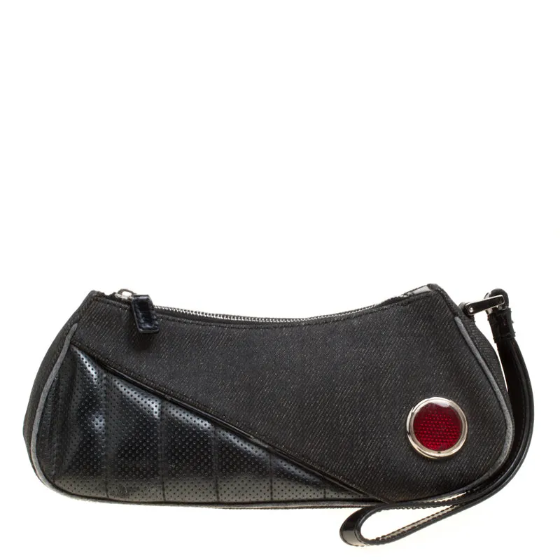 DIOR Black Denim and Leather Motorcycle Rockabilly Wristlet Clutch