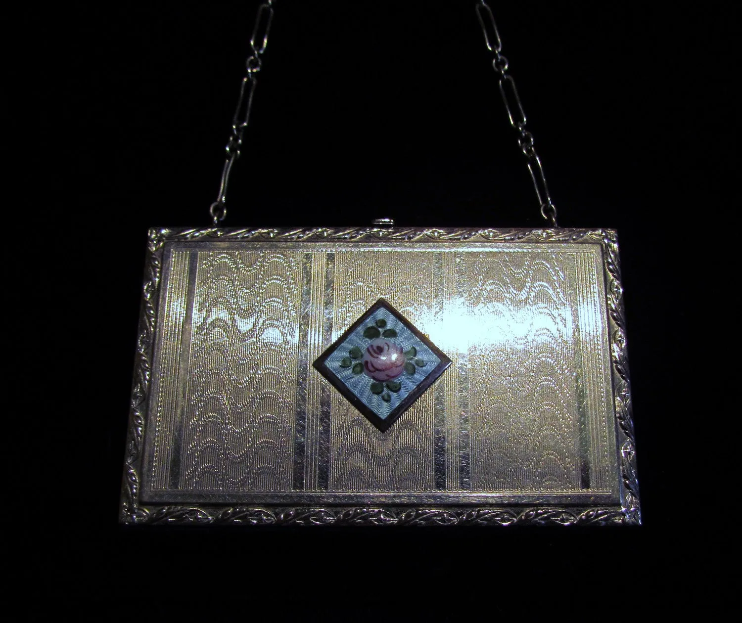 Edwardian Guilloche Compact Wristlet Purse 1910s Powder Mirror Dance Compact
