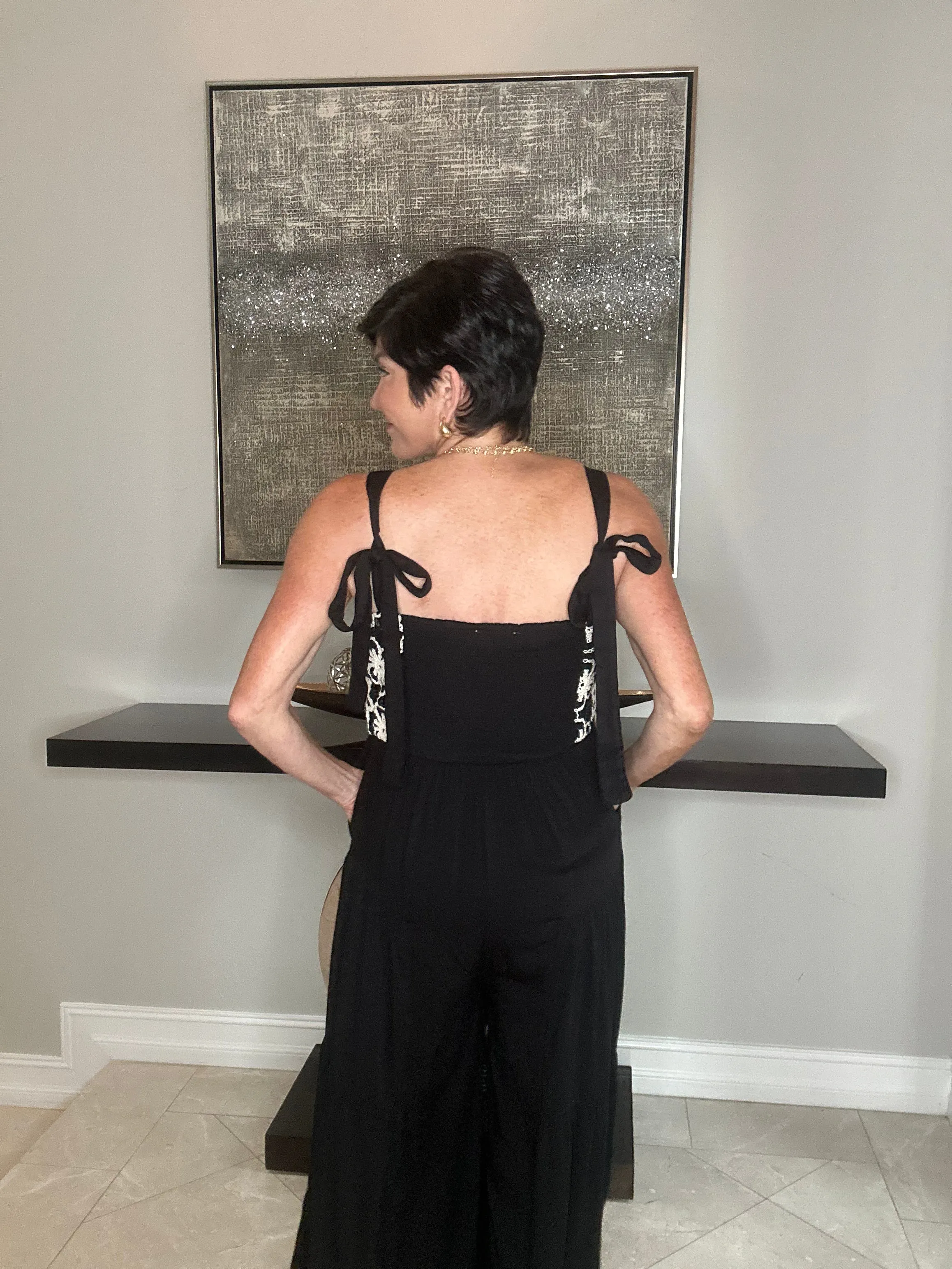 Floral Embroidered Tiered Leg Jumpsuit