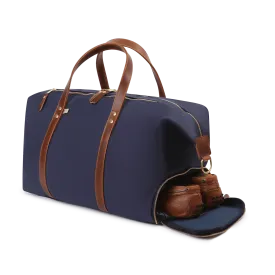 Hudson Sutler Large Canvas and Leather Duffel Bag- Midnight Navy/Whiskey Brown