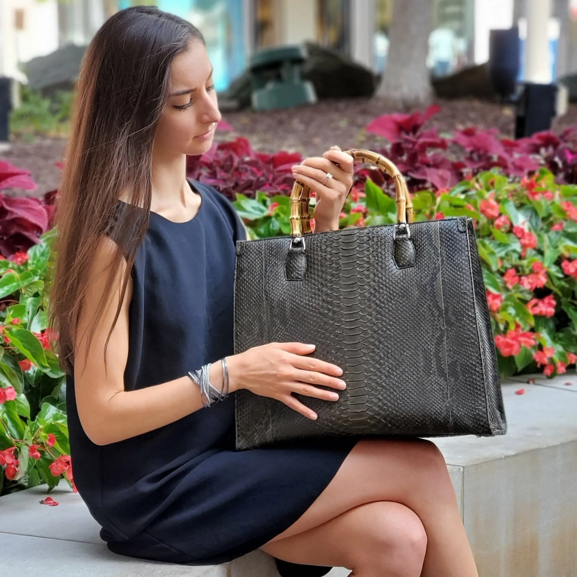 Large Tote Oxford Python Bamboo Handles