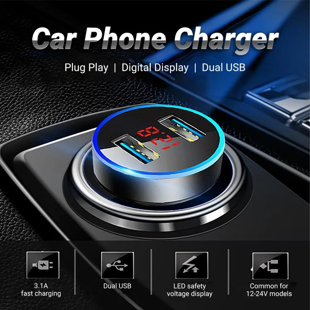 Mini Dual USB Mobile Phone Fast Charger for Vehicles (with LED Display)