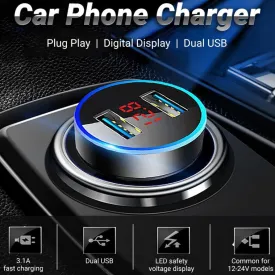 Mini Dual USB Mobile Phone Fast Charger for Vehicles (with LED Display)