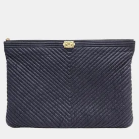 Navy Blue Caviar Leather Large O Case Boy Clutch Bag