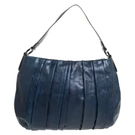 Navy Blue Pleated Leather Floral Chain Detail Hobo