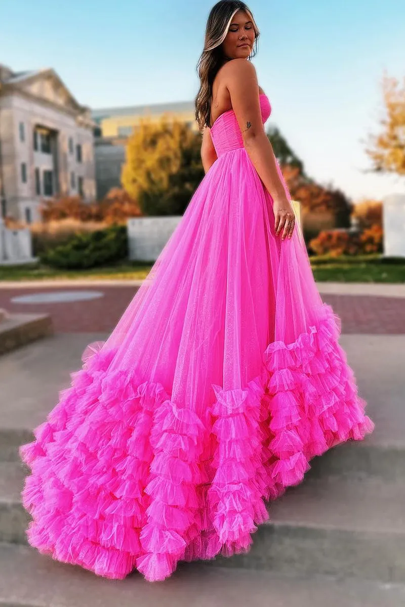 Princess A-Line Pink Sweetheart Tiered Tulle Long Prom Dresses VK23121404