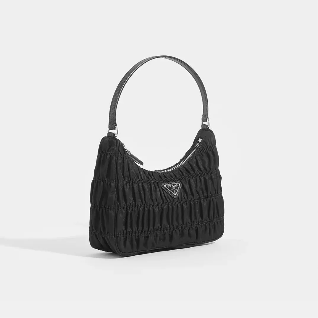 Re-edition 2000 Hobo Bag in Ruched Black Nylon