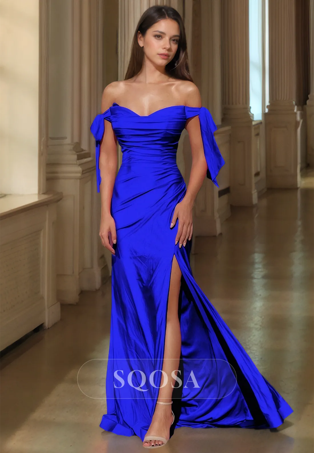 Simple Sweetheart Off-Shoulder Sleeveless Pleated Sweep Train Satin Mermaid Prom Dress with Slit
