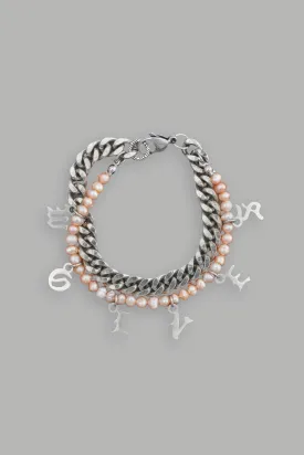 Wolves Curb Link And Pearl Bracelet in Silver/Pink